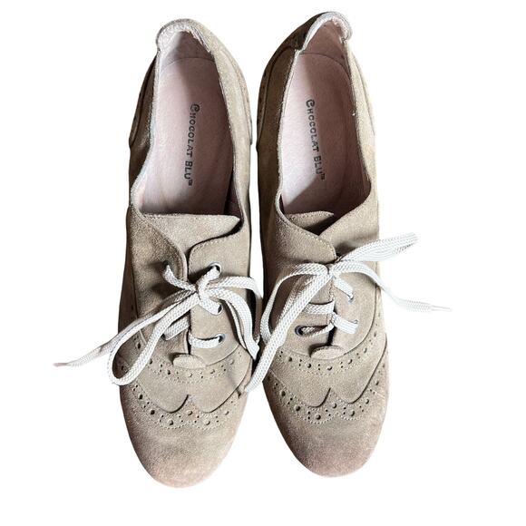 Chocolat Blu Oxfords Womens 10 Denise Tan Suede Leather Lace-Up Heeled Shoes - Picture 5 of 8